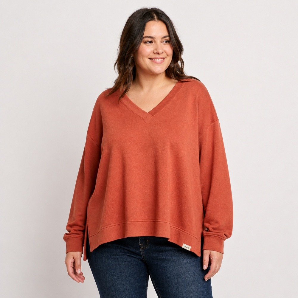 Orvis Women's V-Neck Dropped Shoulders Sweatshirt XL Rust Modal Soft Autumm Fall